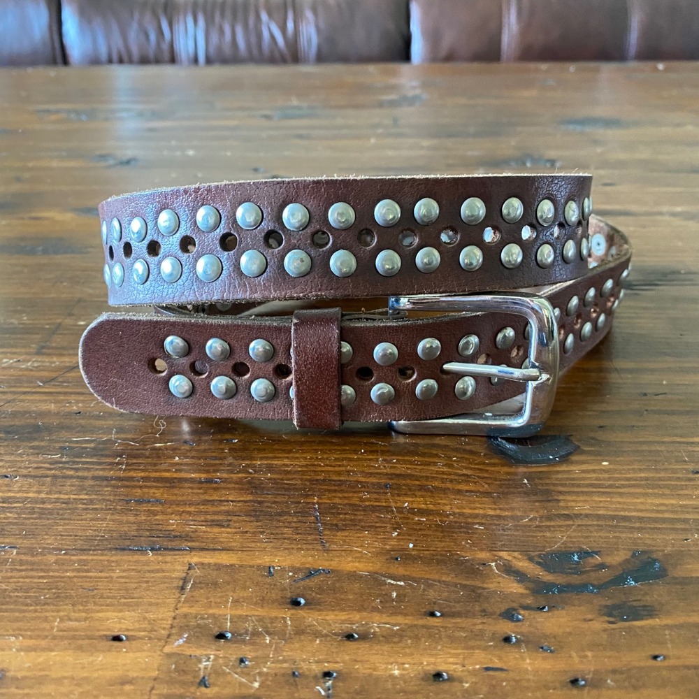 VTG Brown Studded Genuine Leather Belt Silver Tone Brass Buckle Size Large